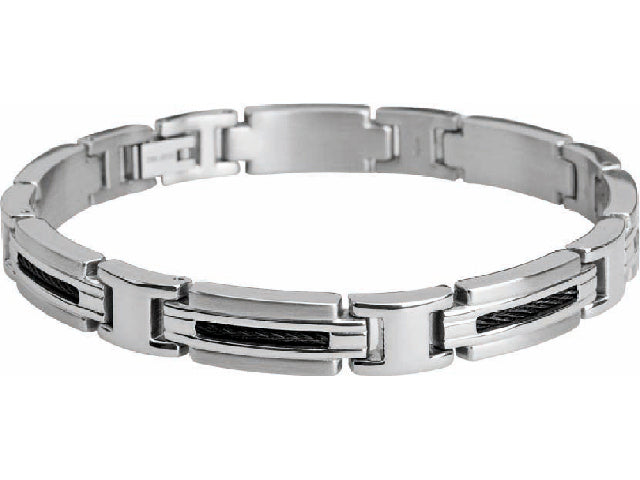 MARINA: 8.5MM BI-COLOUR IP STEEL CABLE BRACELET. 21CM, ADJUSTABLE.
