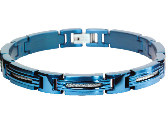MARINA: 8.5MM BI-COLOUR IP BLUE STEEL CABLE BRACELET. 21CM ADJUSTABLE