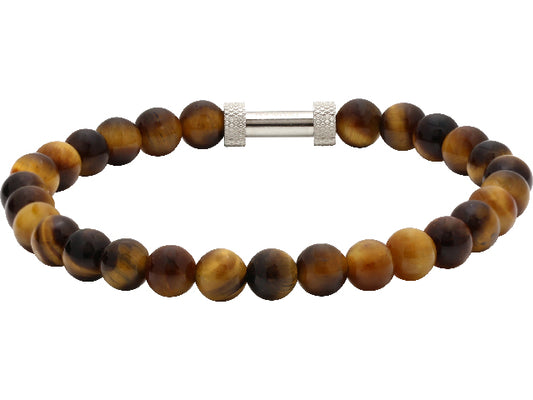 ZEN: 6MM TIGER EYES AND KNURLED STEEL, ELASTIC BRACELET.