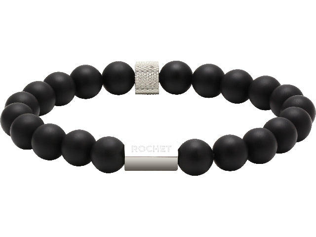 ZEN: 8MM BLACK AGATES AND KNURLED STEEL ELASTIC BRACELET.