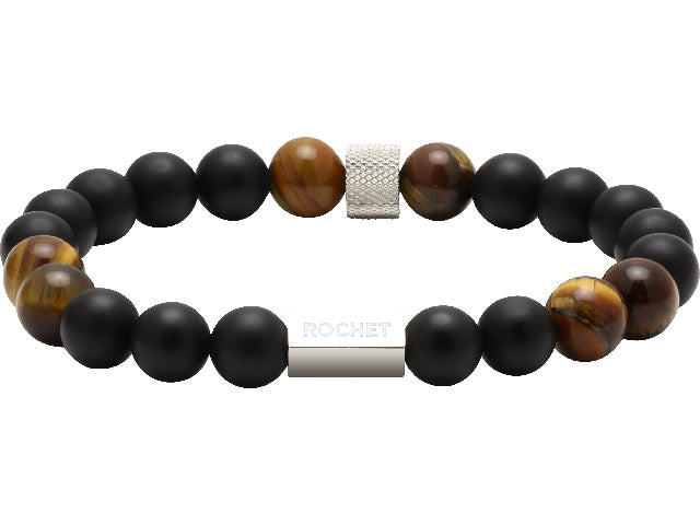 ZEN: 8MM BLACK AGATES, TIGER EYES AND KNURLED STEEL ELASTIC BRACELET.