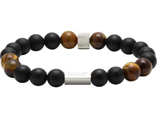 ZEN: 8MM BLACK AGATES, TIGER EYES AND KNURLED STEEL ELASTIC BRACELET.