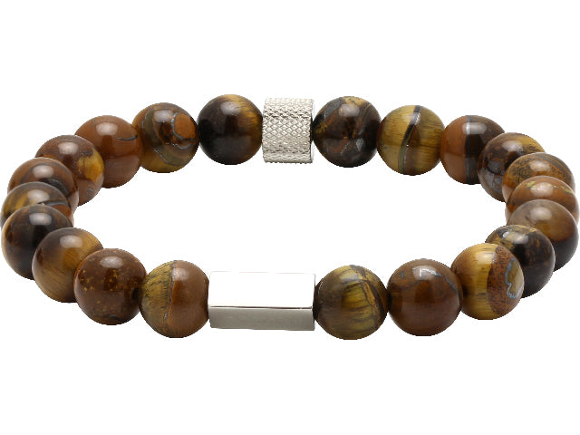 ZEN: 8MM TIGER EYES AND KNURLED STEEL ELASTIC BRACELET.