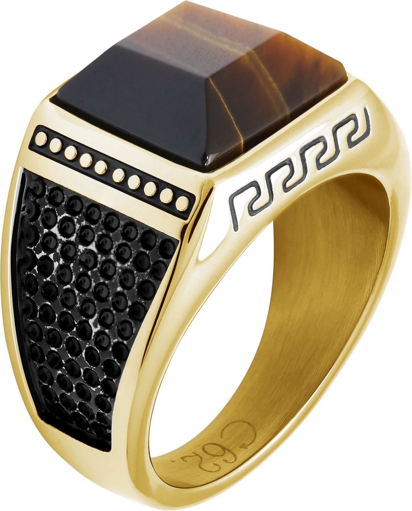 ROCK: 15MM IP GOLD STEEL RING AND TIGER EYES. SIZE 60MM