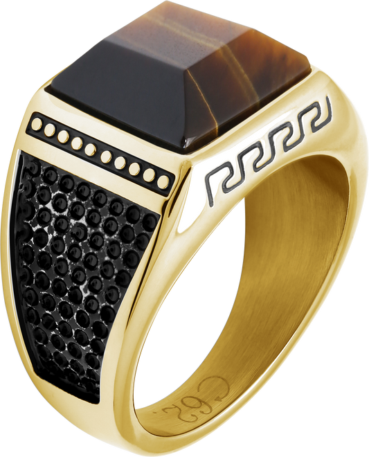 ROCK: 15MM IP GOLD STEEL RING AND TIGER EYES. SIZE 60MM