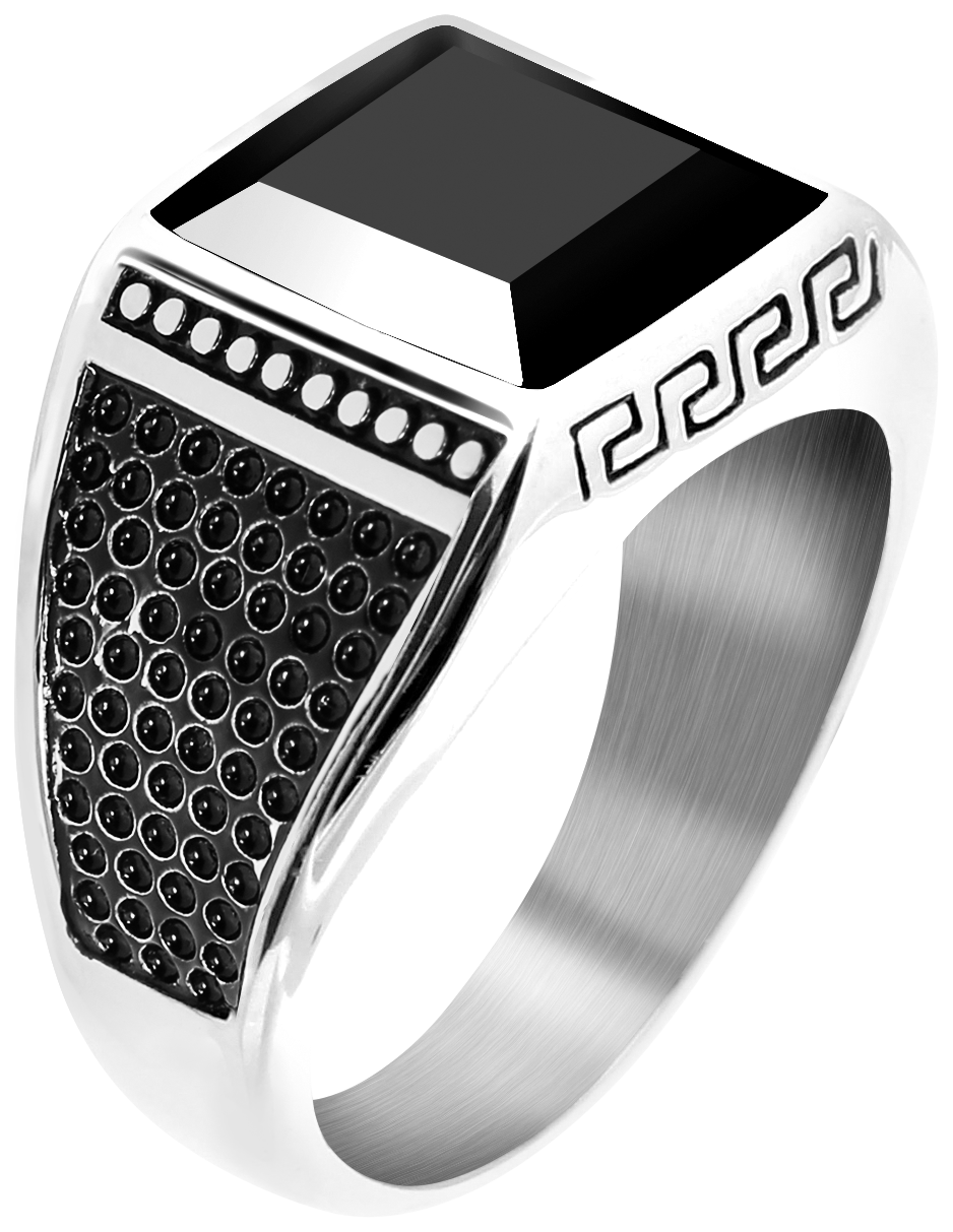 ROCK:15MM VINTAGE STEEL RING BLACK ONYX.  SIZE 66MM