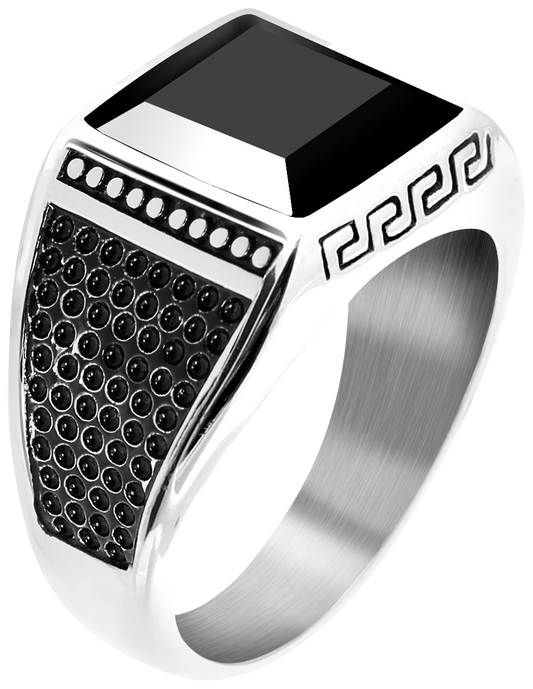 ROCK:15MM VINTAGE STEEL RING BLACK ONYX.  SIZE 66MM