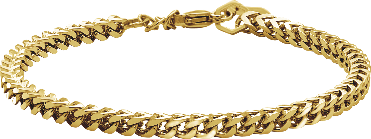 MAJOR: 4MM POLISHED IP GOLD BRACELET, 20.5CM. ADJUSTABLE.