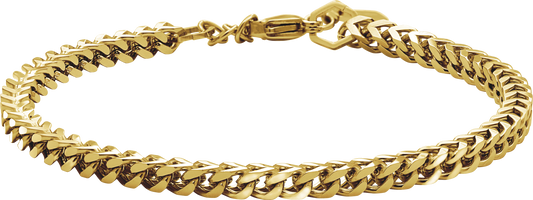 MAJOR: 4MM POLISHED IP GOLD BRACELET, 20.5CM. ADJUSTABLE.