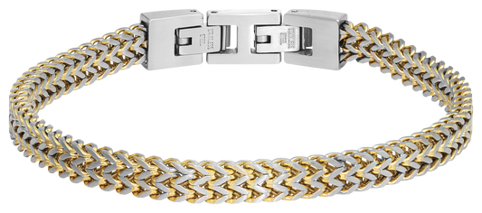 MAJOR 2: 7MM BI-COLOUR SATINED STEEL IP GOLD BRACELET, 20.5MM ADJUSTABLE. UNIQUE DOUBLE BRAIDED DESIGN, DEATURING BOTH CUFF AND CHEVRON LINKS FOR A SOPHISTICATED REFINED LOOK.
