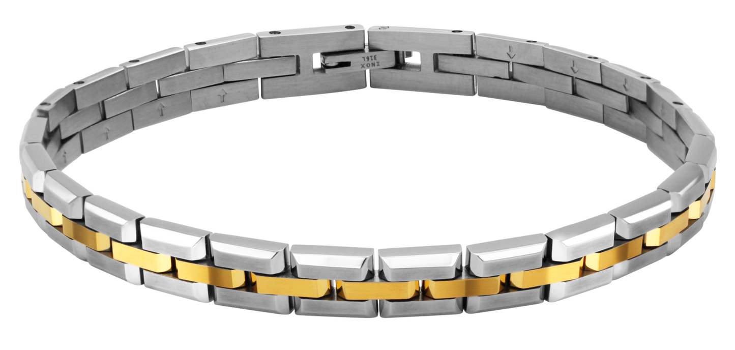 FACTORY: SATIN STEEL AND IP GOLD BRACELET. 7MM x 21CM