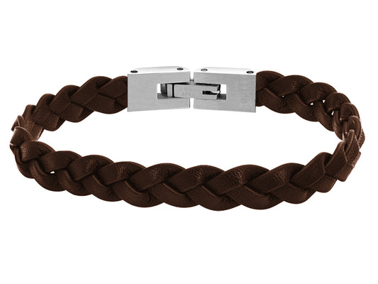 DANDY: 10mm steel bracelet with brown braided leather straps. 20,5cm. One size. FINAL STOCK