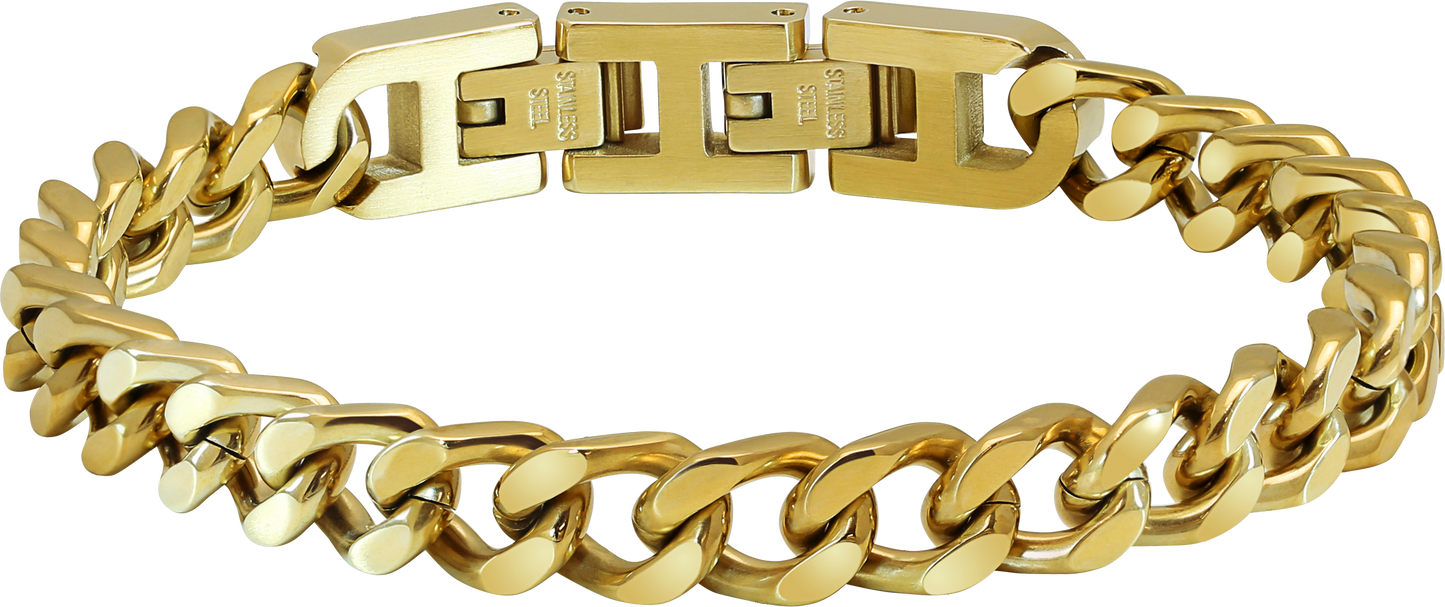DANDY: 7.5MM IP GOLD STEEL BRACELET, 20.5CM ADJUSTABLE.