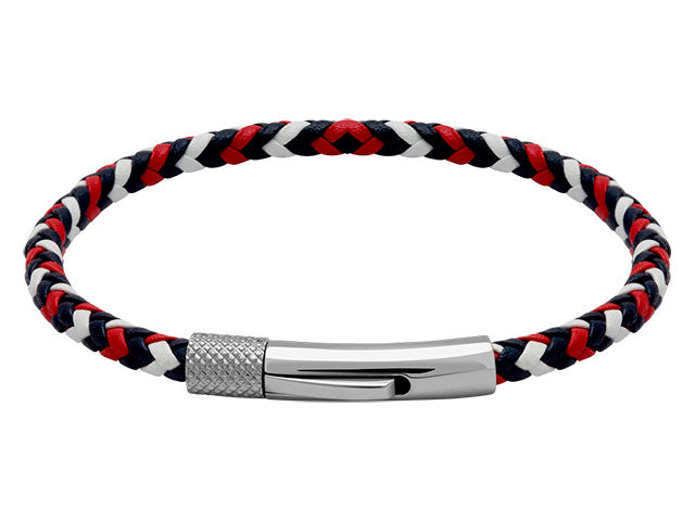 DRIVER: 28MM STEEL BRACELET 3.5MM BLUE, WHITE, RED BRAIDED LEATHER STRAP. 20.5CM, ONE SIZE.