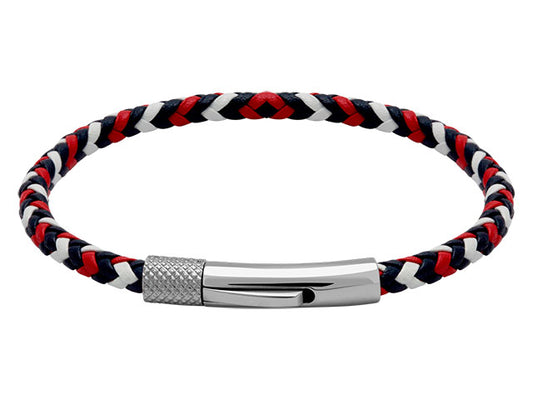 DRIVER: 28MM STEEL BRACELET 3.5MM BLUE, WHITE, RED BRAIDED LEATHER STRAP. 20.5CM, ONE SIZE.