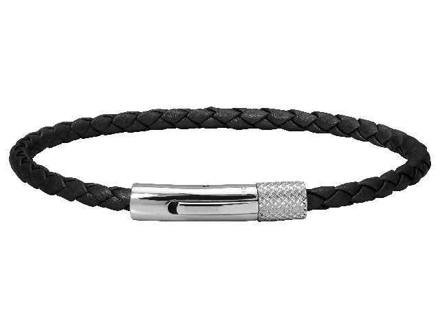 DRIVER: 28MM STEEL BRACELET 3.5MM BLACK BRAIDED LEATHER STRAP. 20.5CM ONE SIZE.