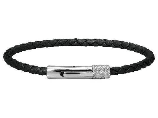 DRIVER: 28MM STEEL BRACELET 3.5MM BLACK BRAIDED LEATHER STRAP. 20.5CM ONE SIZE.
