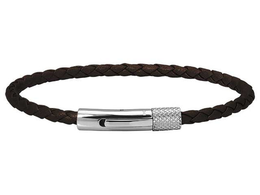 DRIVER: 28MM STEEL BRACELET, 3.5MM BROWN BRADIED LEATHER STRAP. 20.5CM ONE SIZE