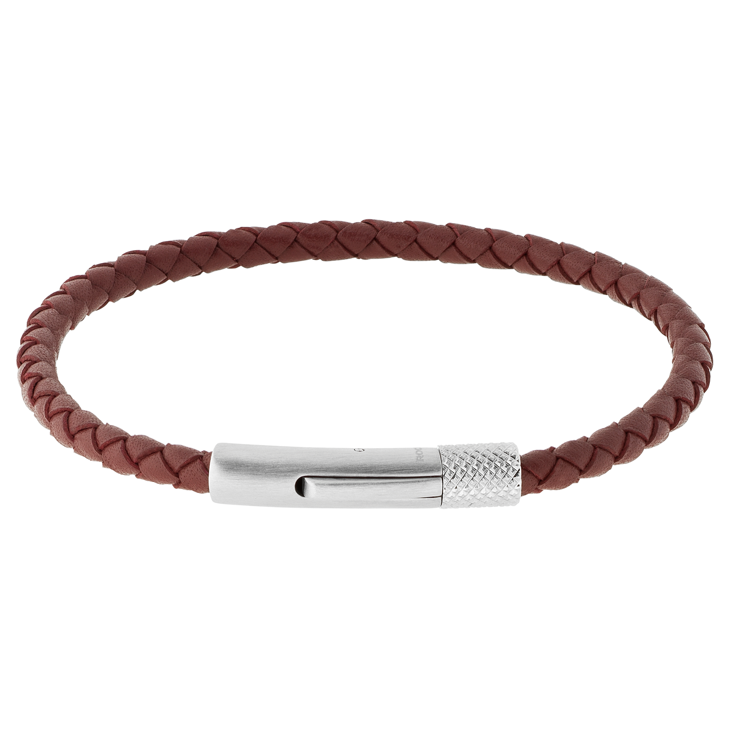 DRIVER: 28MM SATINED STEEL BRACELET, 3.5MM BURGUNDY BRADIED LEATHER STRAP. 20.5CM ONE SIZE