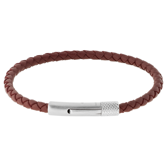 DRIVER: 28MM SATINED STEEL BRACELET, 3.5MM BURGUNDY BRADIED LEATHER STRAP. 20.5CM ONE SIZE