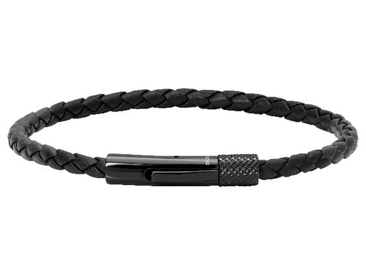 DRIVER: 28MM IP BLACK STEEL BRACELET, 3.5MM BLACK BRAIDED LEATHER STRAP. 20.5CM