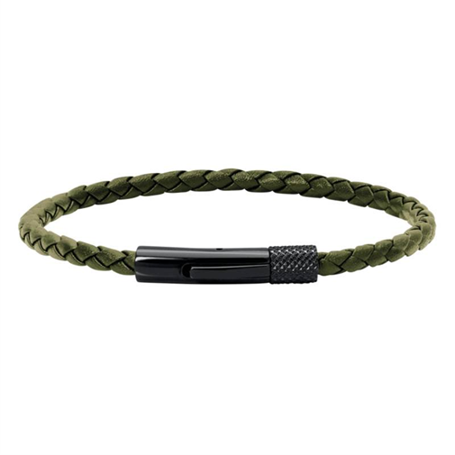 DRIVER: 28MM IP BLACK STEEL BRACELET, 3.5MM KHAKI BRAIDED LEATHER STRAP. 20.5CM