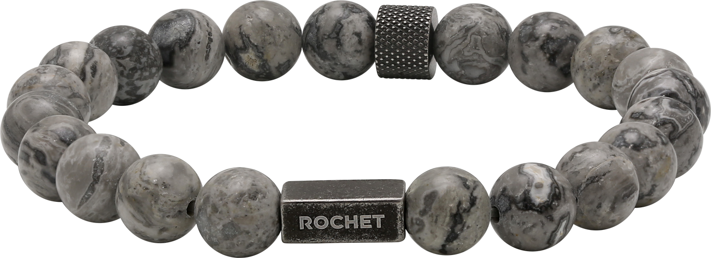 ZEN: 8MM GREY JASPERS AND KNURLED VINTAGE STEEL.