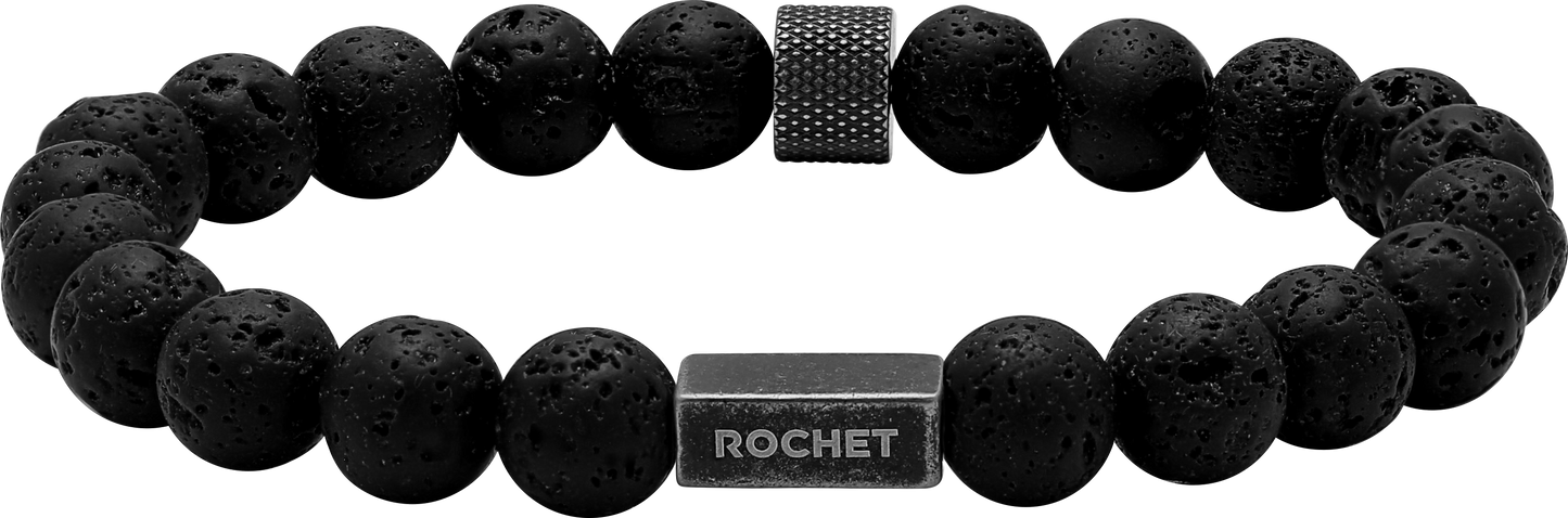 ZEN: 8MM BLACK LAVA STONES AND VINTAGE KNURLED  STEEL BEADS,; ELASTIC BRACELET