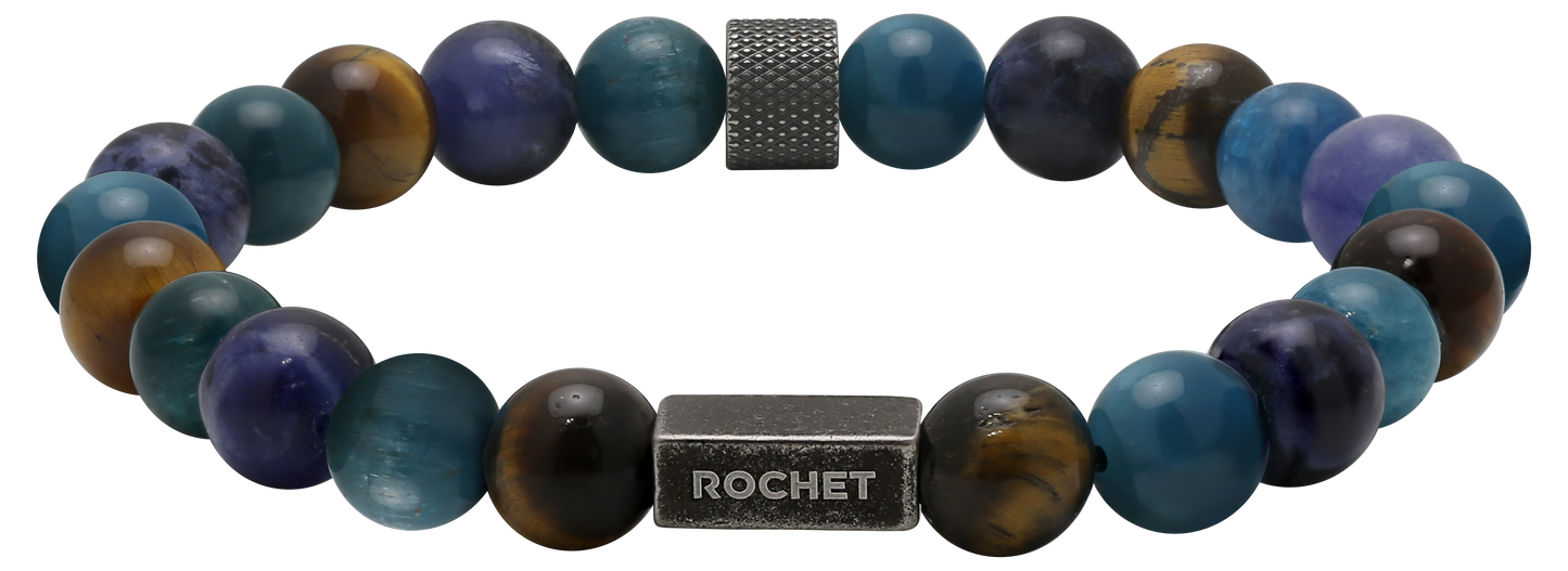 ZEN: 8MM BLUE APATITE BEADS AND TIGER EYES & KNURLED VINTAGE BEADS. ELASTIC BRACELET
