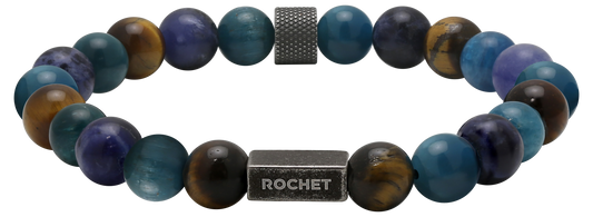 ZEN: 8MM BLUE APATITE BEADS AND TIGER EYES & KNURLED VINTAGE BEADS. ELASTIC BRACELET