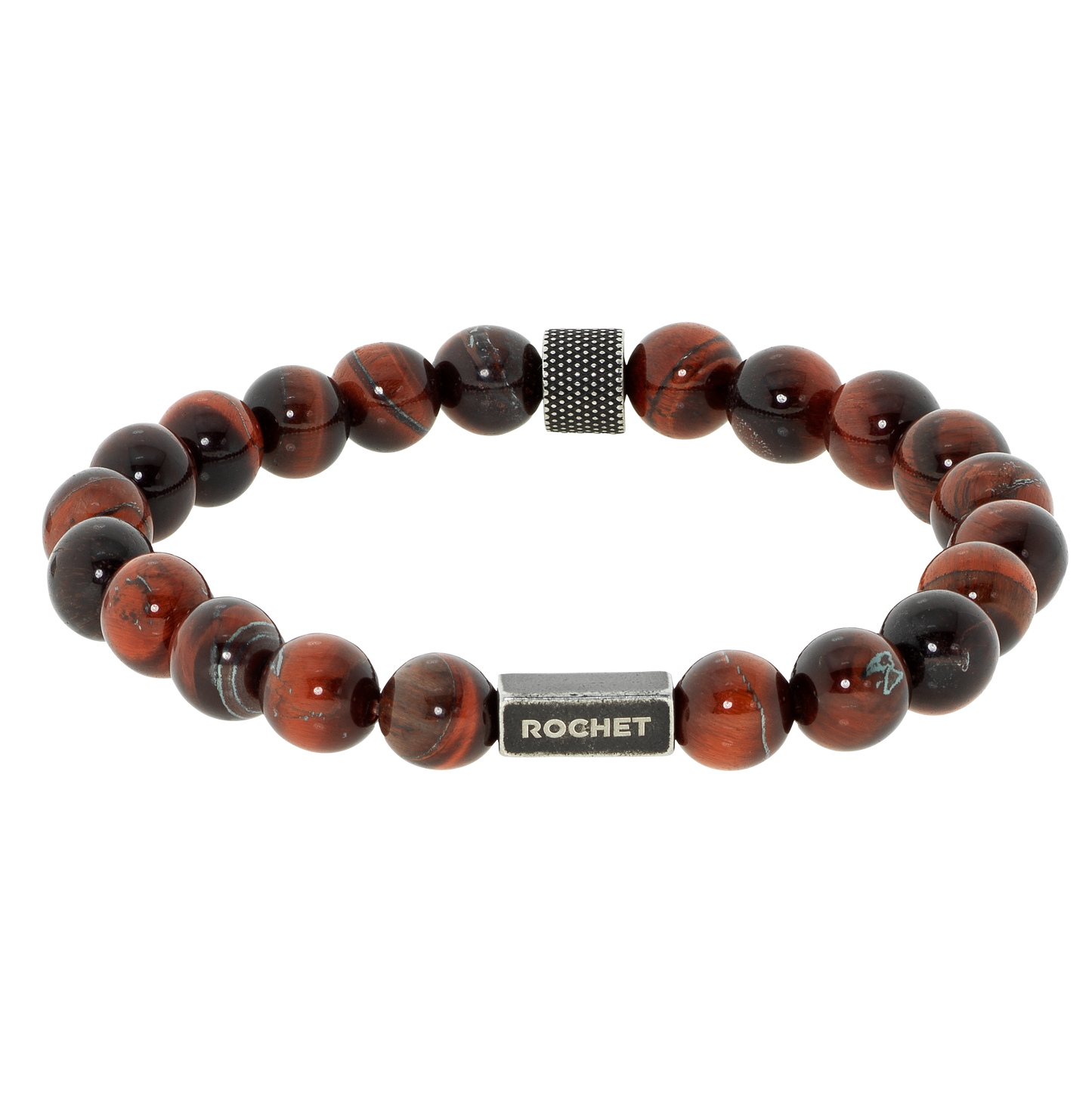 ZEN: 8MM RED BULLS EYE BEADS & KNURLED VINTAGE BEADS. ELASTIC BRACELET