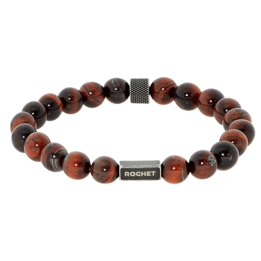ZEN: 8MM RED BULLS EYE BEADS & KNURLED VINTAGE BEADS. ELASTIC BRACELET