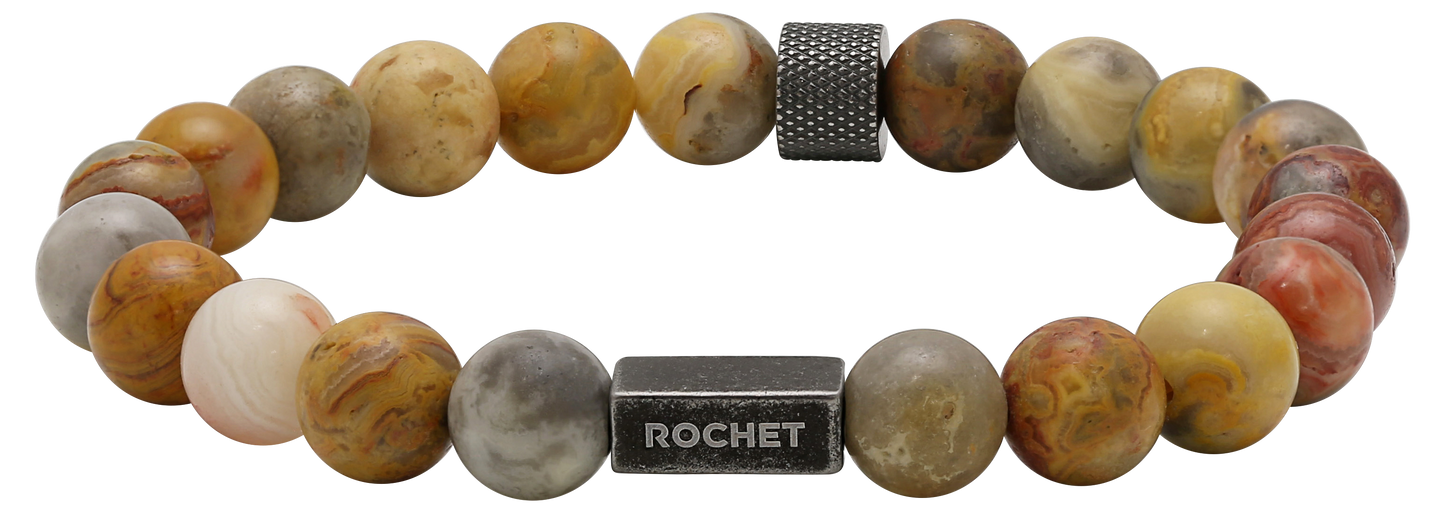 ZEN: 8MM CRAZY LACE AGATES & VINTAGE KNURLED STEEL BEADS. ELASTIC BRACELET.