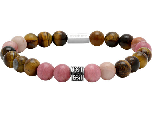 ZEN: BRACELET WITH BEADS, 8MM TIGER EYES, RHODOCHROSITE AND ARABESQUE POLISHED STEEL. ELASTIC BRACELET.