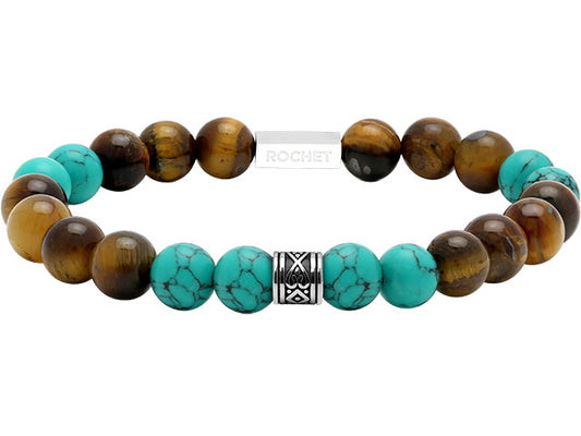 ZEN: BRACELET WITH BEADS, 8MM TIGER EYES, GREEN TURQUOISE AND ARABESQUE POLISHED STEEL. ELASTIC BRACELET.