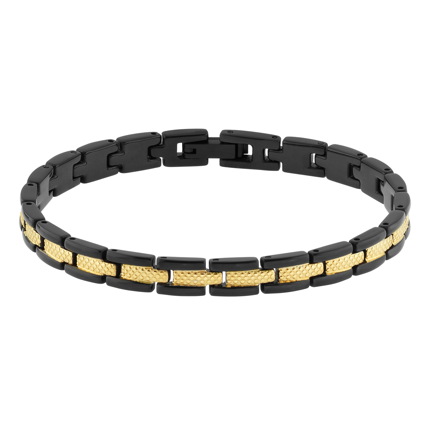 SANTORINI: STEEL BRACELET BI-COLOUR  IP BLACK AND GOLD 6MMX21CM ADJUSTABLE.