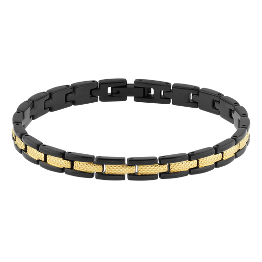 SANTORINI: STEEL BRACELET BI-COLOUR  IP BLACK AND GOLD 6MMX21CM ADJUSTABLE.