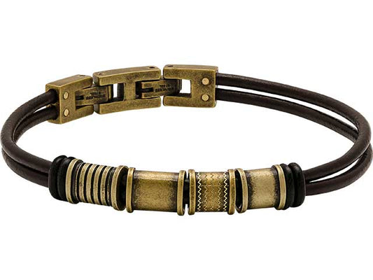 MERCURY: Bracelet Leather/Steel MERCURY Brown leather cords with IP Gold Vintage & Carbon beads. 21CM, ADJUSTABLE