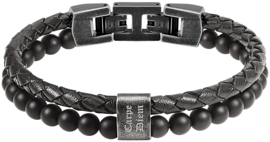KARMA: BRACELET 13MM, BLACK BRAIDED LEATHER STRAP BLACK AGATES. 21.5CM, ADJUSTABLE. "CARPE DIEM" ENGRAVING.