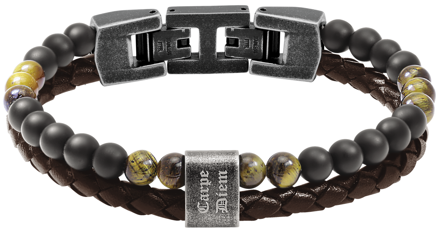 KARMA: BRACELET 13MM, BROWN BRAIDED LEATHER STRAP BLACK AGATES AND TIGER EYES BEADS. 21.5CM ADJUSTABLE. "CARPE DIEM" ENGRAVING.