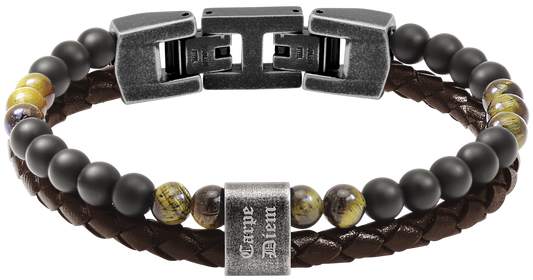 KARMA: BRACELET 13MM, BROWN BRAIDED LEATHER STRAP BLACK AGATES AND TIGER EYES BEADS. 21.5CM ADJUSTABLE. "CARPE DIEM" ENGRAVING.