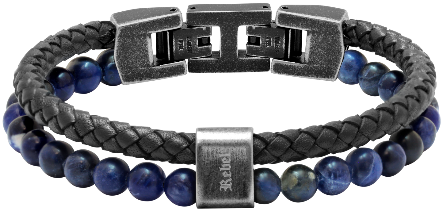 KARMA: 13MM NAVY BLUE BRAIDED LEATHER STRAP AND LAPIS LAZULI BEADS. "REBEL" ENGRAVING. 21.5CM ADJUSTABLE.