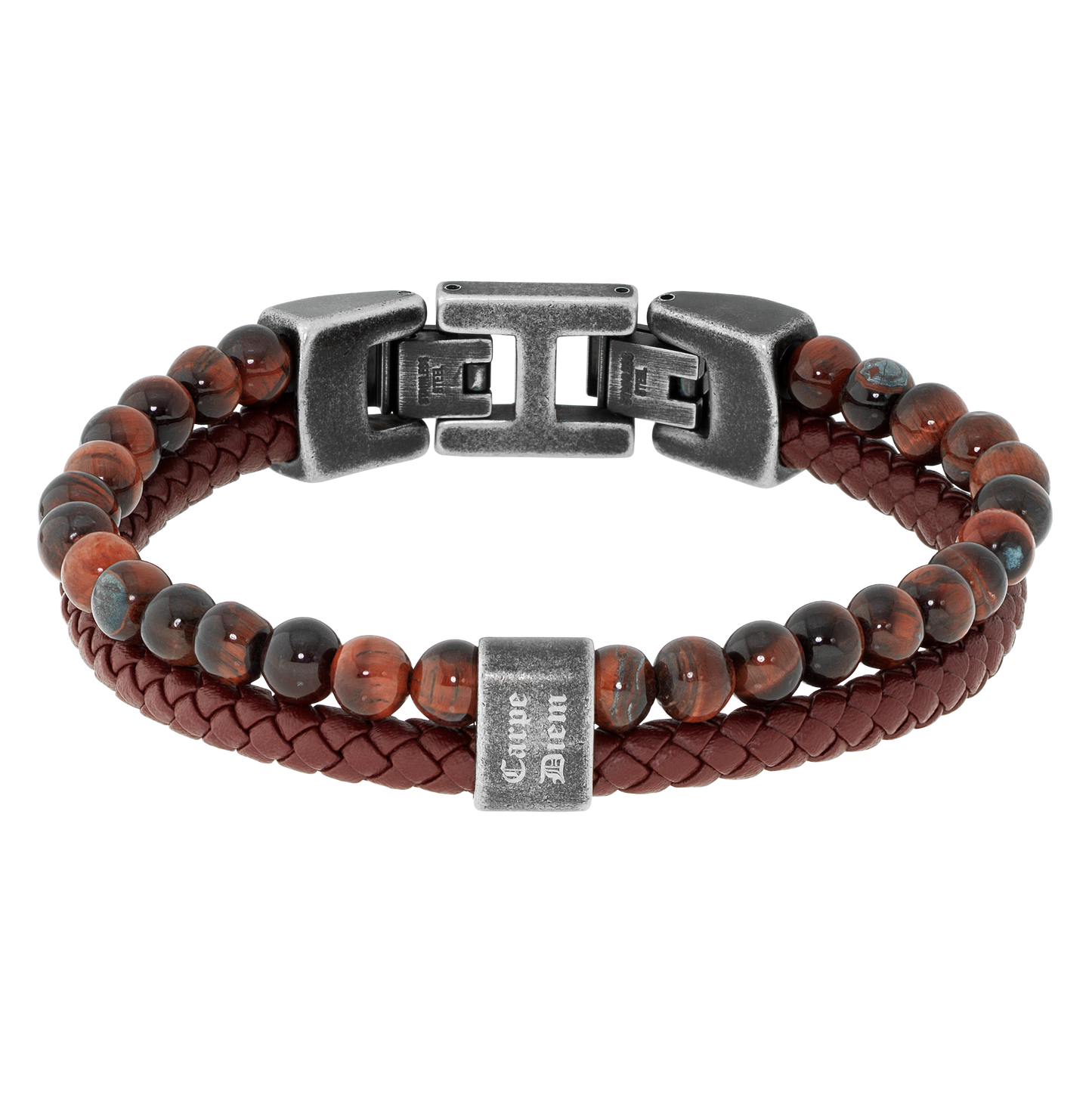 KARMA: BRACELET 13MM, VINTAGE STEEL, BURGUNDY BRAIDED LEATHER STRAP, RED BULLS EYES. 21.5CM, ADJUSTABLE. "CARPE DIEM" ENGRAVING.