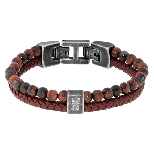 KARMA: BRACELET 13MM, VINTAGE STEEL, BURGUNDY BRAIDED LEATHER STRAP, RED BULLS EYES. 21.5CM, ADJUSTABLE. "CARPE DIEM" ENGRAVING.