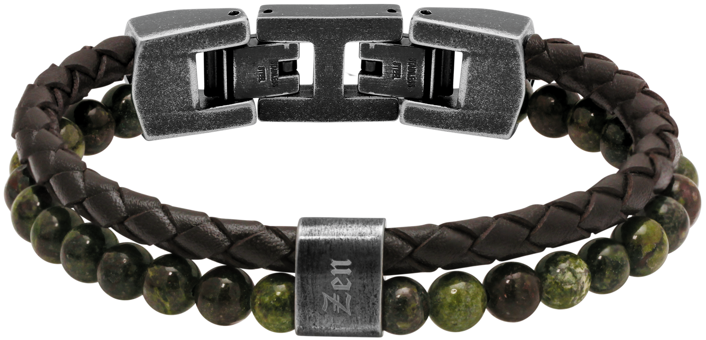 KARMA: RRP $115. KARMA: 13MM BROWN BRAIDED LEATHER STRAP AND GREEN JASPERS. "ZEN" ENGRAVING. 21.5CM ADJUSTABLE