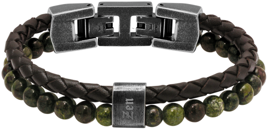 KARMA: RRP $115. KARMA: 13MM BROWN BRAIDED LEATHER STRAP AND GREEN JASPERS. "ZEN" ENGRAVING. 21.5CM ADJUSTABLE