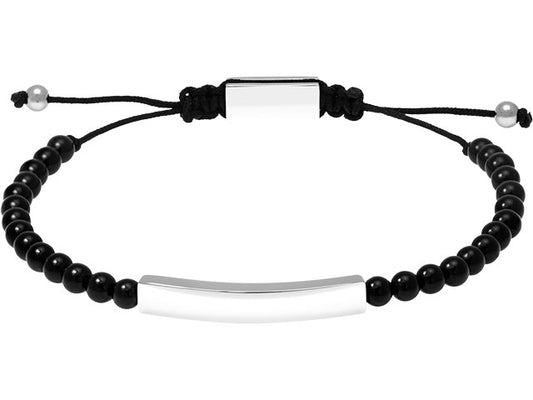 TALISMAN: 5MM POLISHED STEEL BRACELET WITH BLACK AGATES AND POLYESTER CORD. ADJUSTABLE. FINAL STOCK