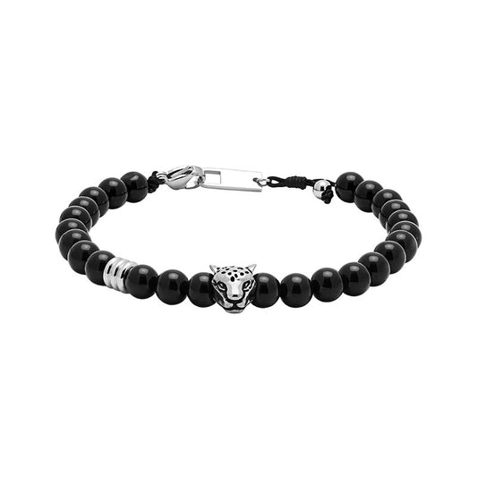 TALISMAN: BRACELET, 6MM POLISHED STEEL TIGER HEAD AND BLACK AGATE BEADS. ADJUSTABLE.. FINAL STOCK