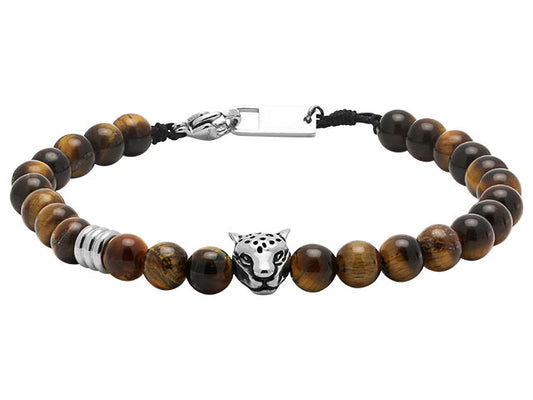 TALISMAN: BRACELET, 6MM POLISHED STEEL TIGER HEAD AND TIGER EYES BEADS. ADJUSTABLE.. FINAL STOCK