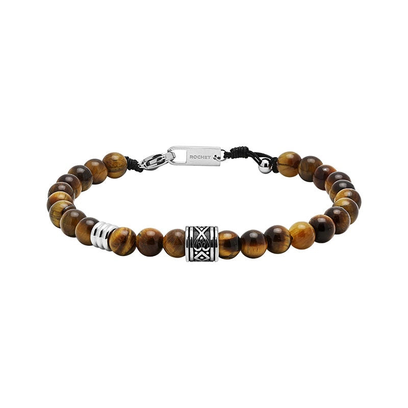 TALISMAN:BRACELET, 6MM POLISHED STEEL ARABESUE AND TIGER EYES BEADS. ADJUSTABLE. FINAL STOCK